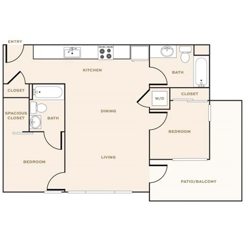 Floor plan for 2 beds, 2 baths, 875 sqft